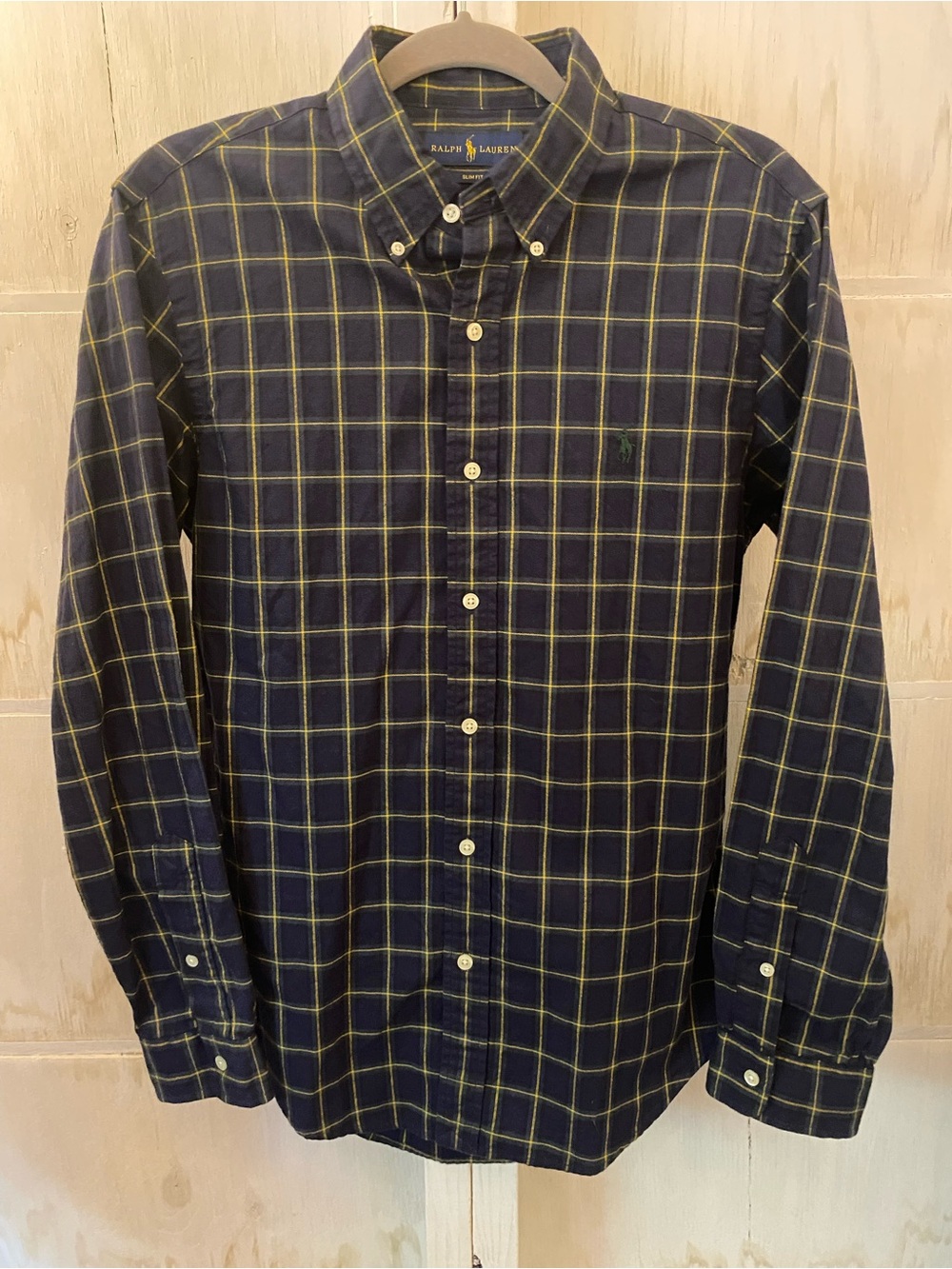 Ralph Lauren Navy and Yellow Windowpane Button-Down Shirt Slim Fit Medium